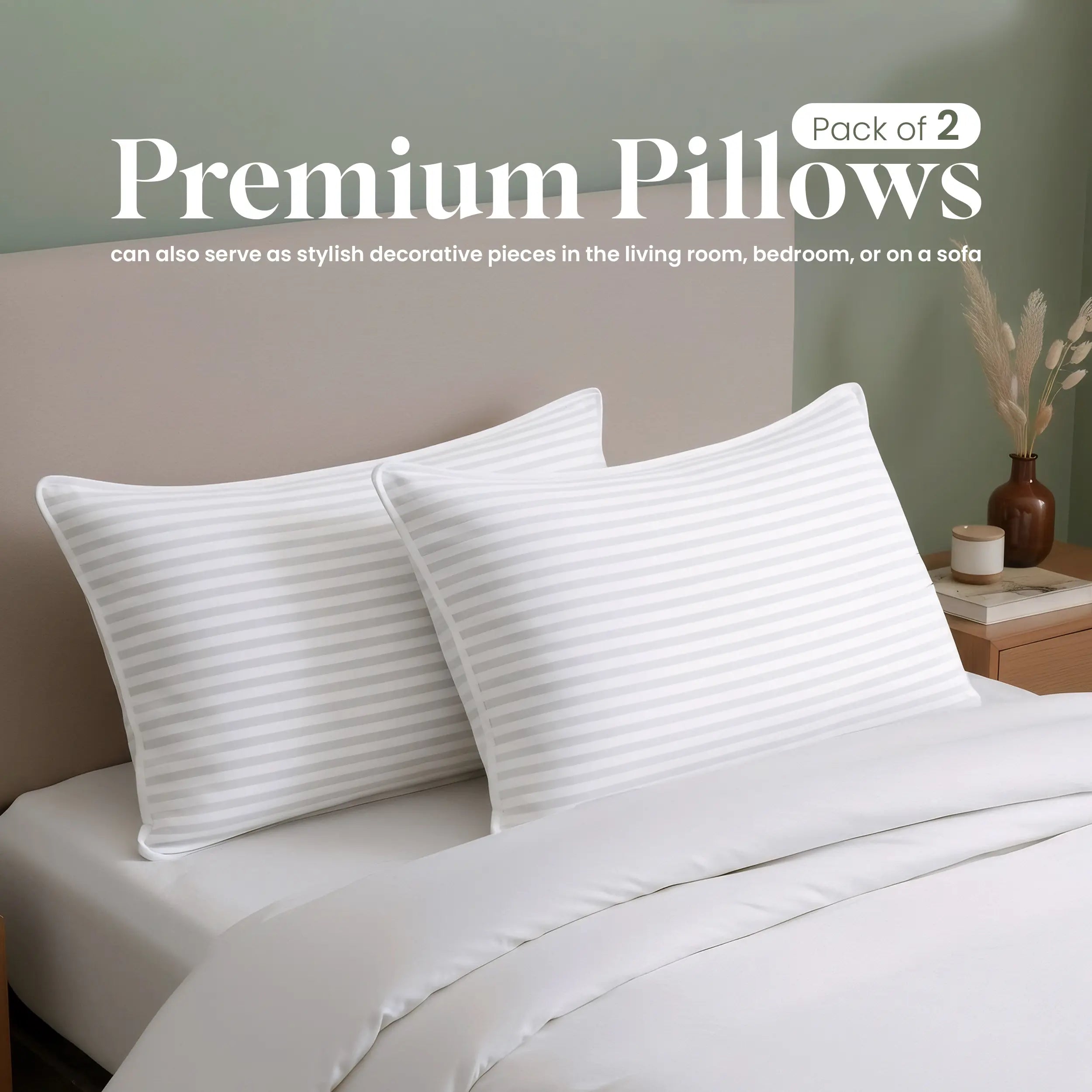 Utopia Bedding Premium Striped Pillows for Sleeping - Polycotton Soft Breathable Covers, No-Shift Construction, White, Pack of 2, Polyester Supportive Memory Foam Pillows for Back Sleepers