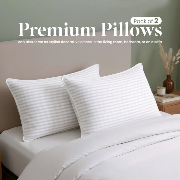 Utopia Bedding Premium Striped Pillows for Sleeping - Polycotton Soft Breathable Covers, No-Shift Construction, White, Pack of 2, Polyester Supportive Memory Foam Pillows for Back Sleepers