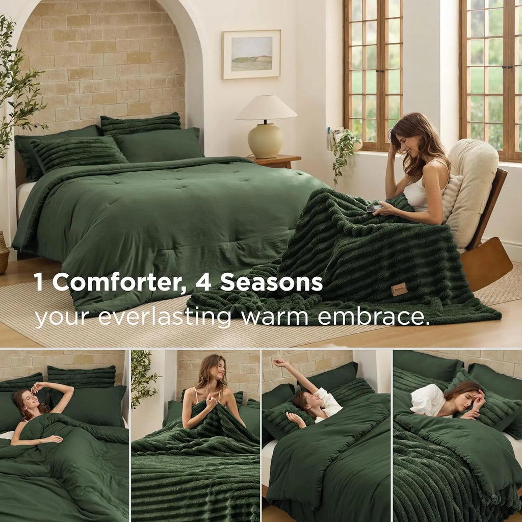 【Deals For You Days】Bedsure 6 Pieces Gentlesoft 2-In-1 Comforter Set And Detachable Fluffy Blanket,  All Season , SnapTech Design For Space Saving