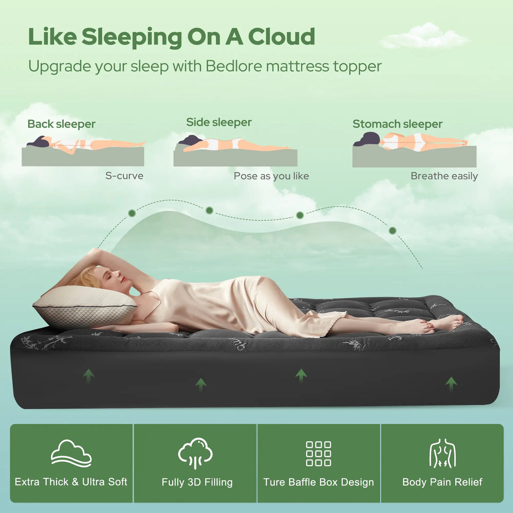 【SummerWins】BEDLORE Bamboo Mattress Topper, Thicken Pillow Top Pad for Comfy Mattresses, Cooling Mattress Cover with 6-18" Deep Pocket, Pressure Relief Bedding Protector for Home & Hotel