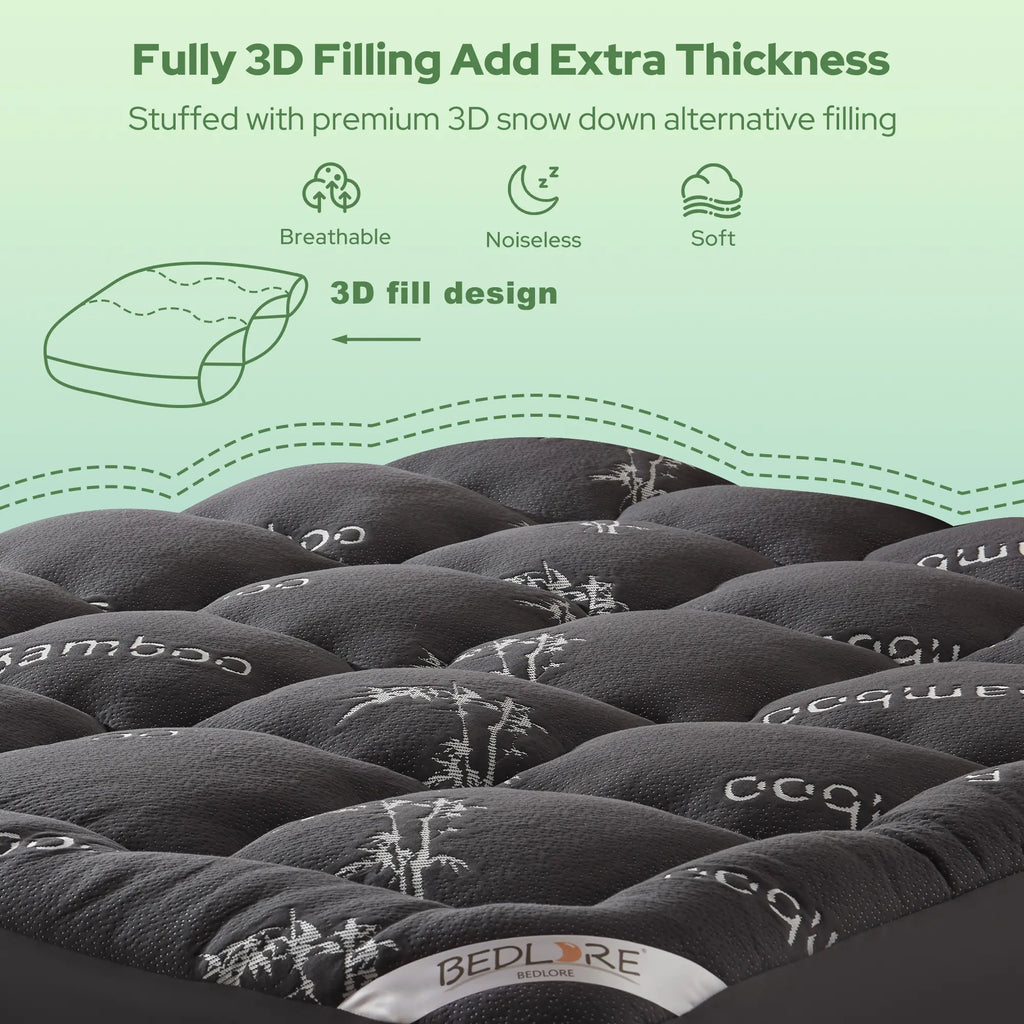 【SummerWins】BEDLORE Bamboo Mattress Topper, Thicken Pillow Top Pad for Comfy Mattresses, Cooling Mattress Cover with 6-18" Deep Pocket, Pressure Relief Bedding Protector for Home & Hotel