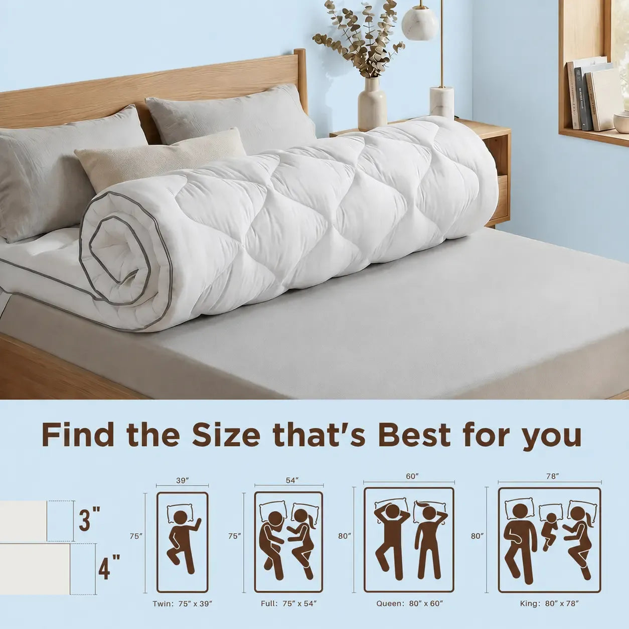 【DealsforYouDay】Raybee 3&4 Inch Ultra-Thick Soft Mattress Topper-2200GSM!  Cooling Fabric & Memory Foam & Microfiber Hybird Mattress Pad for Back Pain Relief , Soft Fluffy Supportive Pressure Relief Mattress Pad for Bedroom,Dormitory, Guestroom