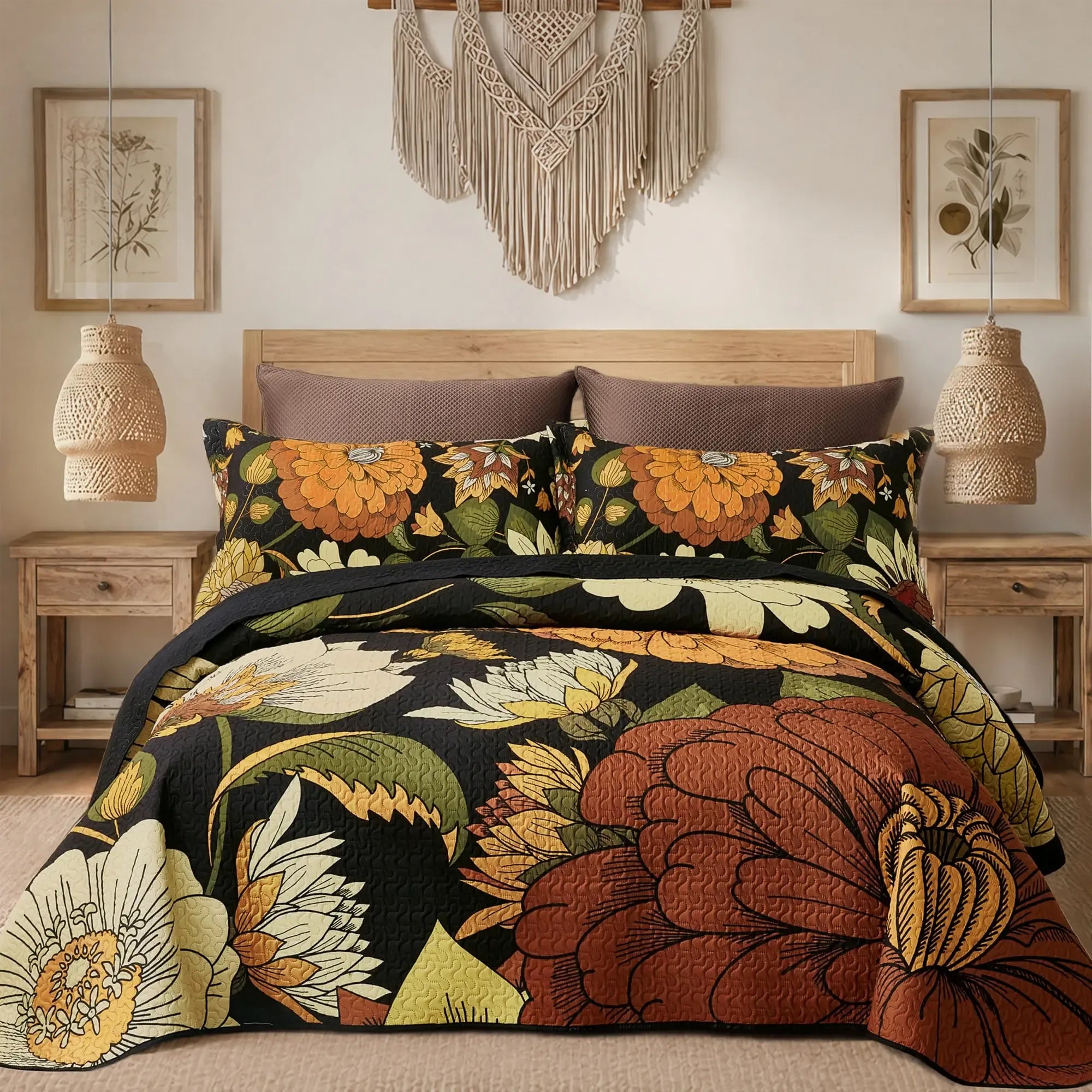Tyrot 3-Piece Boho Floral Quilt Set - Queen Size Bedding, Farmhouse Botanical Reversible Lightweight Microfiber Bedspread Coverlet with 2 Shams, Mid Century Leaves, Anti-Fading Black Bohemian Bedding for All Seasons, Bedding Sets