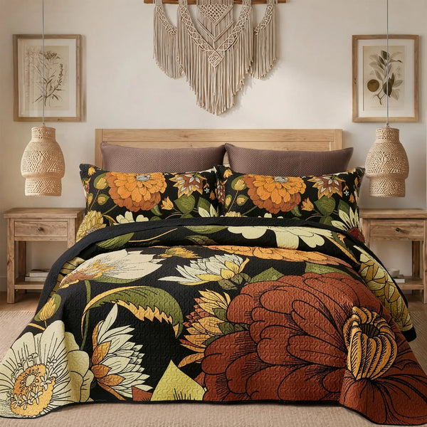 Tyrot 3-Piece Boho Floral Quilt Set - Queen Size Bedding, Farmhouse Botanical Reversible Lightweight Microfiber Bedspread Coverlet with 2 Shams, Mid Century Leaves, Anti-Fading Black Bohemian Bedding for All Seasons, Bedding Sets