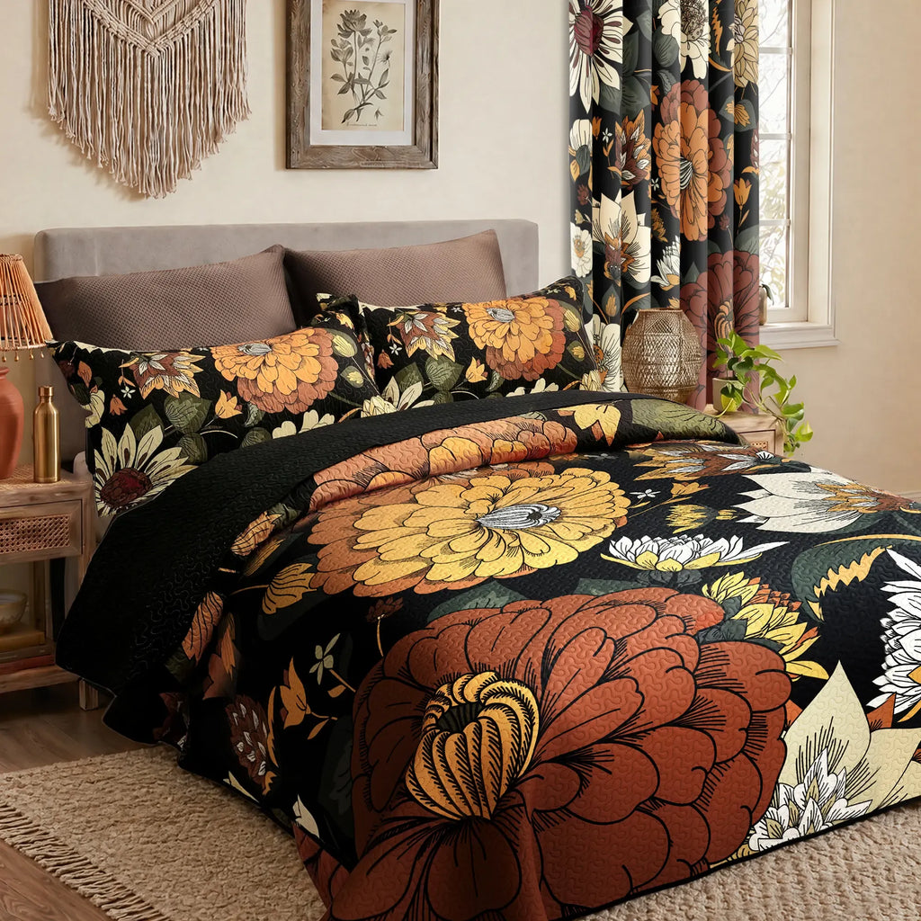 Tyrot 3-Piece Boho Floral Quilt Set - Queen Size Bedding, Farmhouse Botanical Reversible Lightweight Microfiber Bedspread Coverlet with 2 Shams, Mid Century Leaves, Anti-Fading Black Bohemian Bedding for All Seasons, Bedding Sets
