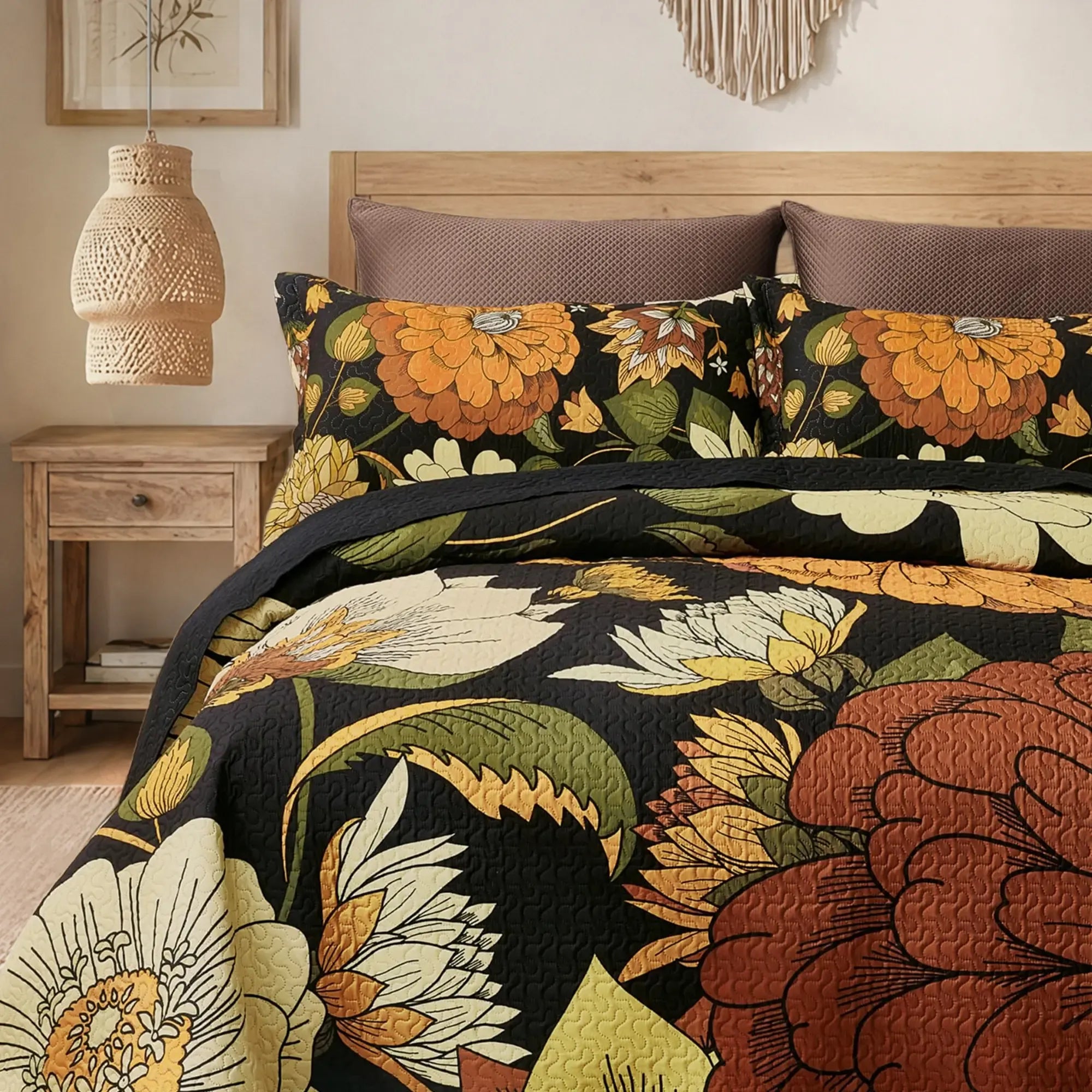 Tyrot 3-Piece Boho Floral Quilt Set - Queen Size Bedding, Farmhouse Botanical Reversible Lightweight Microfiber Bedspread Coverlet with 2 Shams, Mid Century Leaves, Anti-Fading Black Bohemian Bedding for All Seasons, Bedding Sets