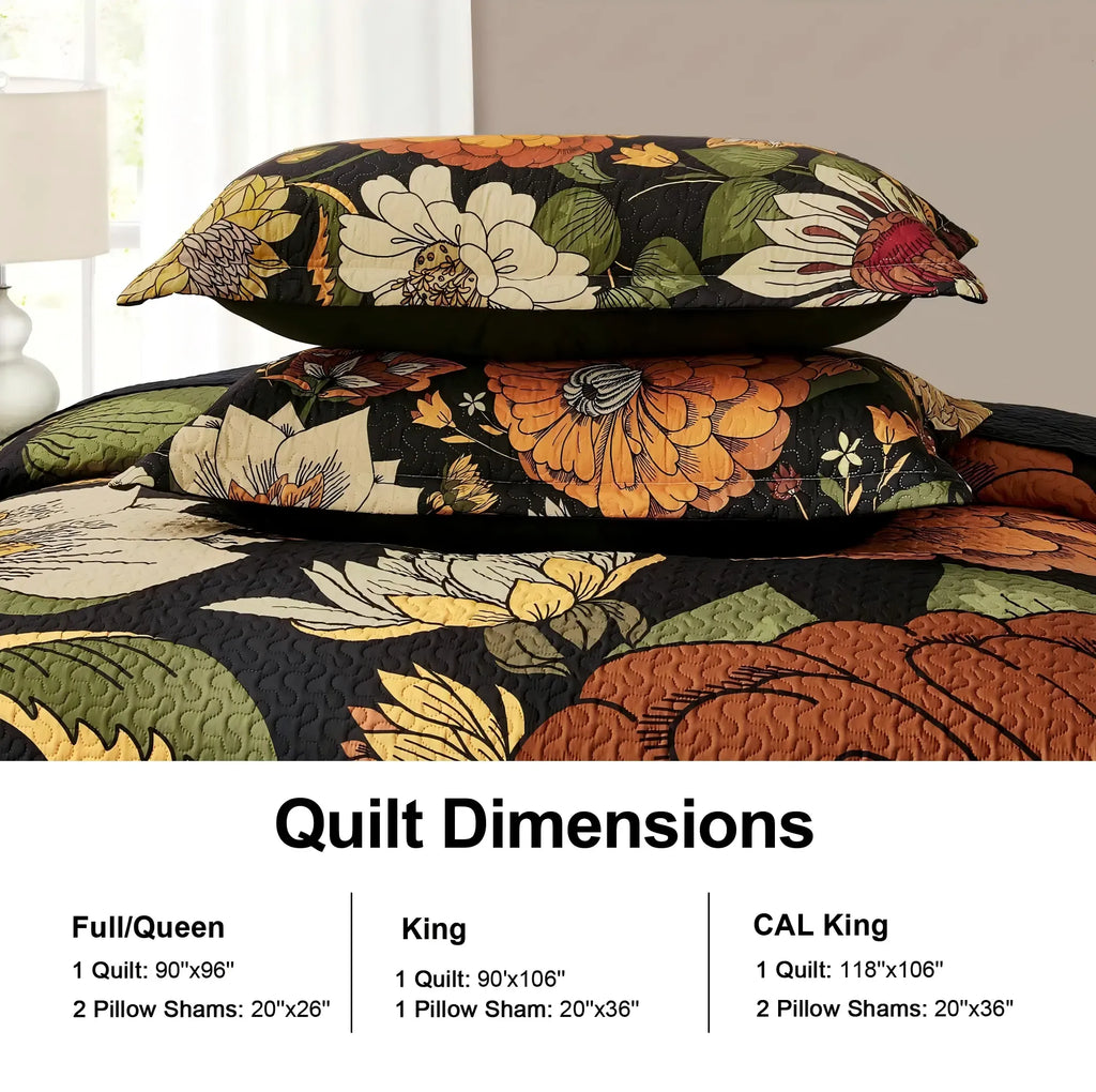 Tyrot 3-Piece Boho Floral Quilt Set - Queen Size Bedding, Farmhouse Botanical Reversible Lightweight Microfiber Bedspread Coverlet with 2 Shams, Mid Century Leaves, Anti-Fading Black Bohemian Bedding for All Seasons, Bedding Sets