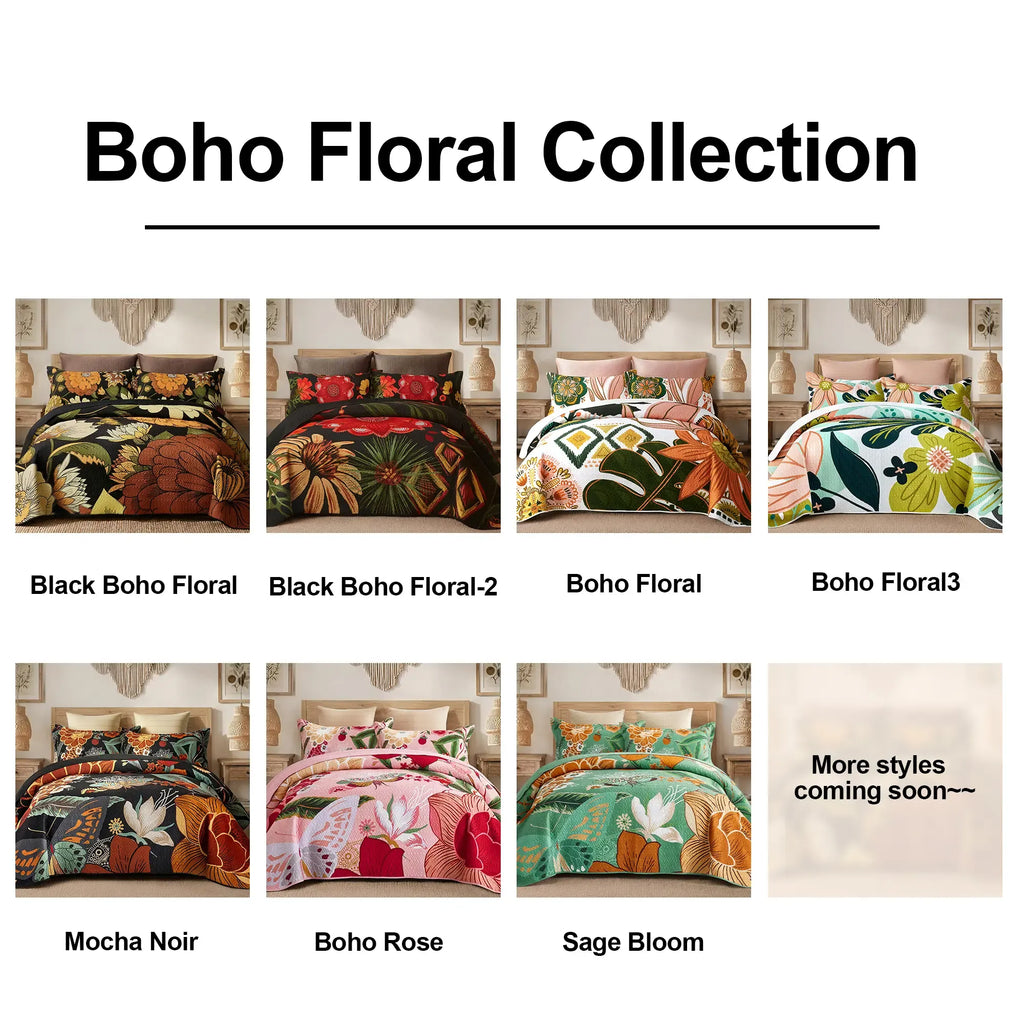 Tyrot 3-Piece Boho Floral Quilt Set - Queen Size Bedding, Farmhouse Botanical Reversible Lightweight Microfiber Bedspread Coverlet with 2 Shams, Mid Century Leaves, Anti-Fading Black Bohemian Bedding for All Seasons, Bedding Sets