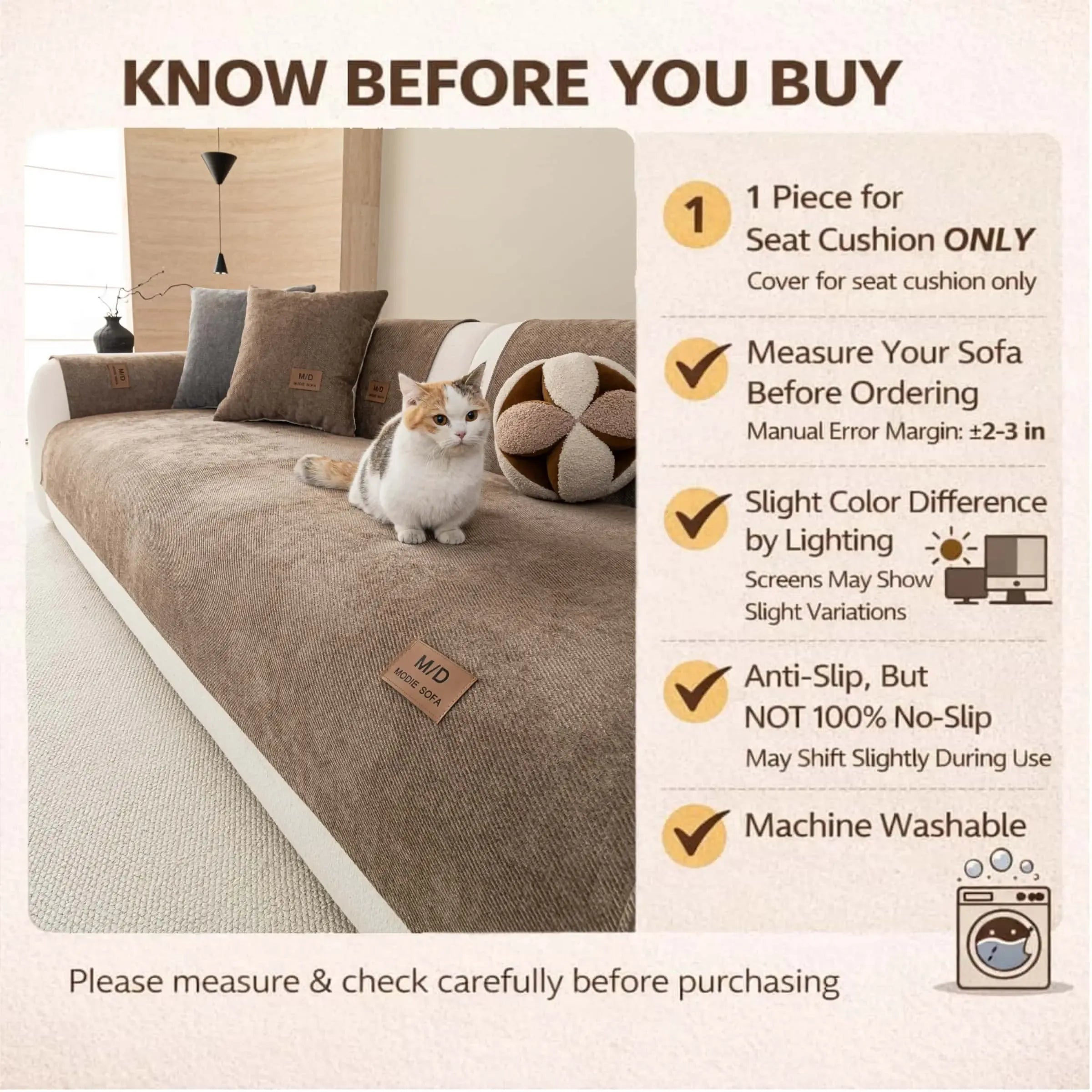 Solid Color Thick Couch Cover for Dogs and Cats, Non‑Slip Sofa Seat Protector Pad, Soft Pet‑Friendly Furniture Cover, Multiple Colors for 1/2/3/4 Seater Sofa, Sofa Slipcover, Removable Washable Covers