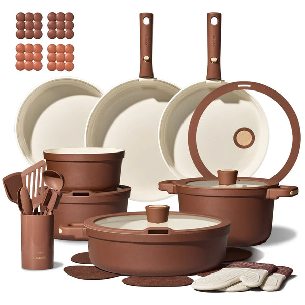 [Official]CAROTE Cookware Set 22/31Pcs Ceramic Nonstick Cookware Set with Detachable Handle, Biscuit Trivets, Non-Toxic Dishwasher Safe, Induction Safe