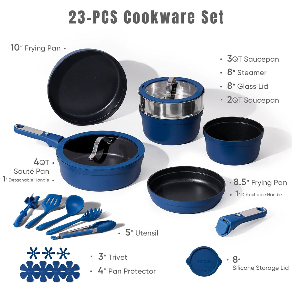 [Official]CAROTE 23pcs Sapphire Blue Pots and Pans Set Non Stick, Nonstick Cookware Set, Dishwasher/Oven/Fridge Safe Pots and Pans, Removable Handle RV Oven Safe Cookware, Induction Kitchen Set, Blue