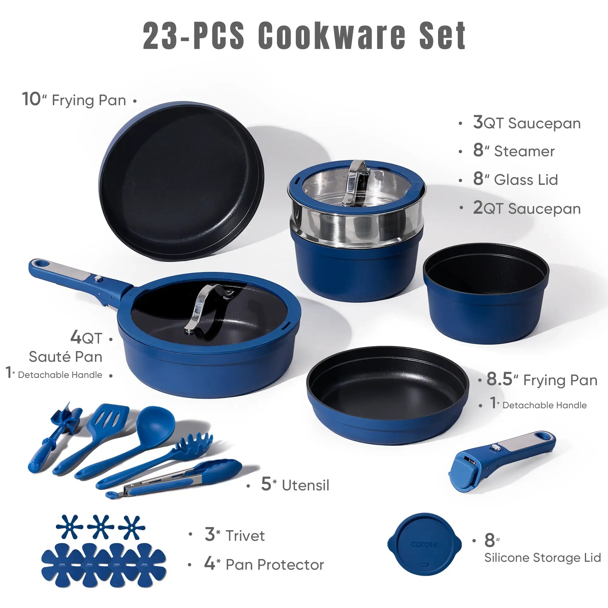 [Official]CAROTE 23pcs Sapphire Blue Pots and Pans Set Non Stick, Nonstick Cookware Set, Dishwasher/Oven/Fridge Safe Pots and Pans, Removable Handle RV Oven Safe Cookware, Induction Kitchen Set, Blue