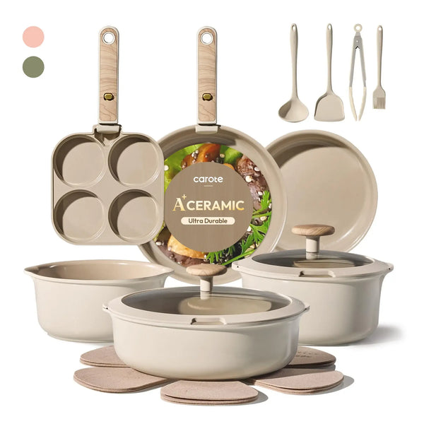 [Official] CAROTE 19Pcs Ceramic Cookware Set Nonstick with Detachable Handle, Dishwasher Safe, Easy Pouring Spout