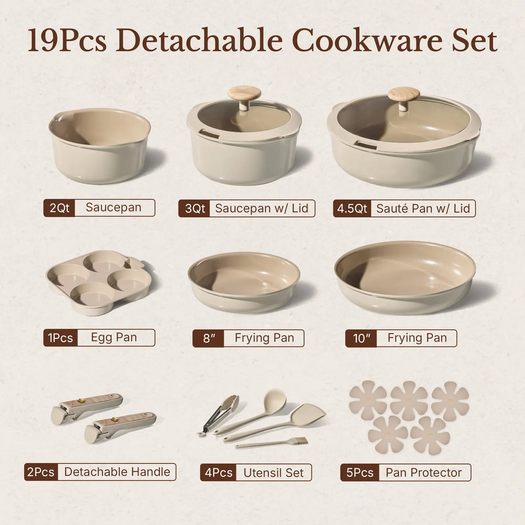 [Official] CAROTE 19Pcs Ceramic Cookware Set Nonstick with Detachable Handle, Dishwasher Safe, Easy Pouring Spout