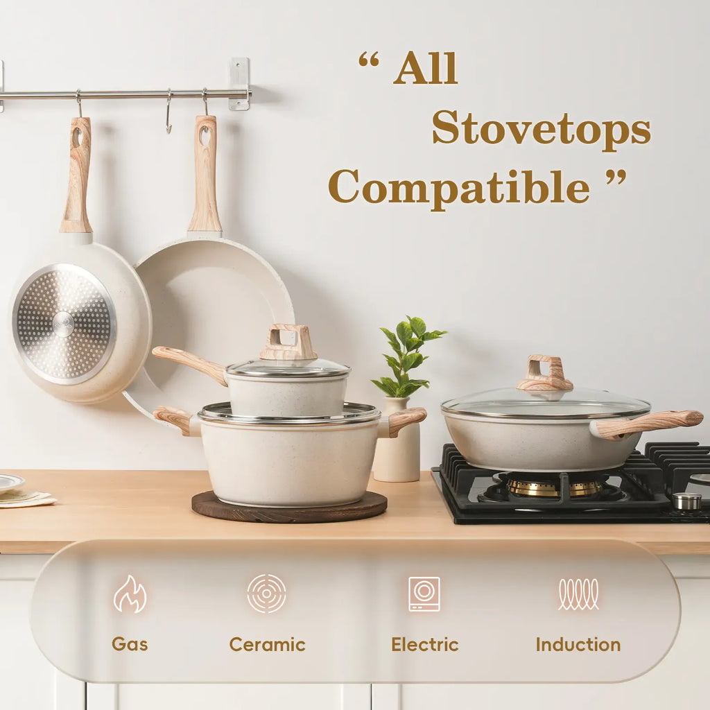 SODAY Pots and Pans Set Non Stick, 12Pcs Kitchen Cookware Sets Non-toxic Healthy Nonstick Kitchen Cooking Set with Frying Pans, Saucepans,Glass lid,Kitchenware,stock up on specials, Aluminium Durable Bakelite Handle , DealsForYouDays，Father's Day Gift Lid