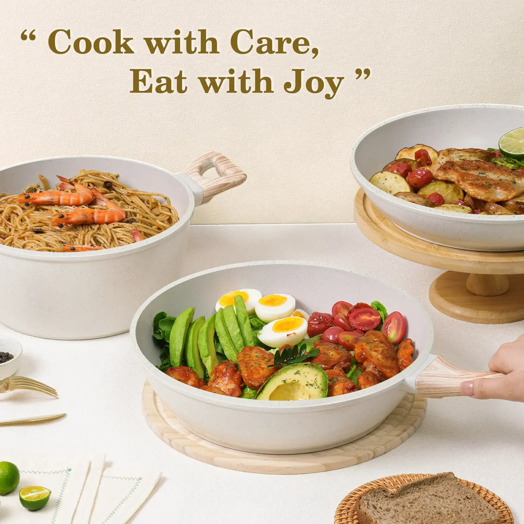 SODAY Pots and Pans Set Non Stick, 12Pcs Kitchen Cookware Sets Non-toxic Healthy Nonstick Kitchen Cooking Set with Frying Pans, Saucepans,Glass lid,Kitchenware,stock up on specials, Aluminium Durable Bakelite Handle , DealsForYouDays，Father's Day Gift Lid