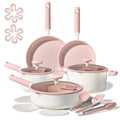 [Official] CAROTE 17pcs Macaron Pink/Green/Yellow/Blue Ceramic Cookware Set, Non Toxic Pure White/Pink Pots and Pans Set Nonstick, All Stovetops Compatible
