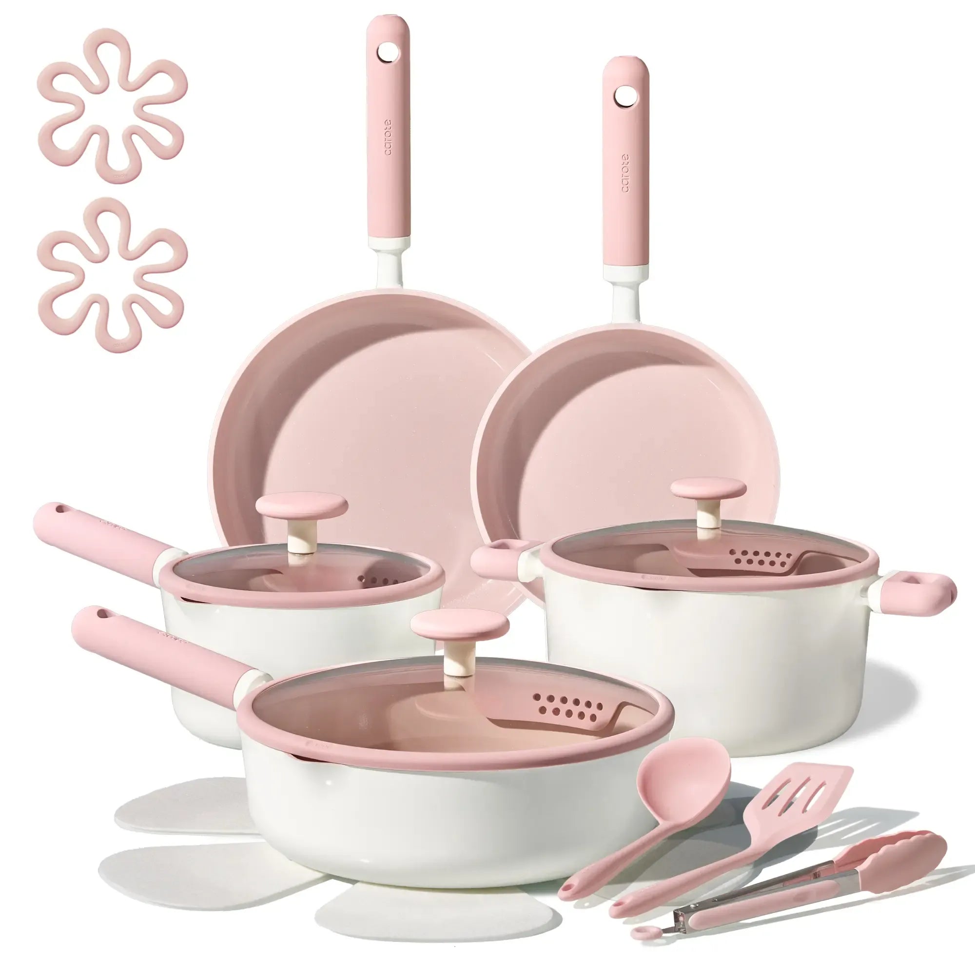 [Official] CAROTE 17pcs Macaron Pink/Green/Yellow/Blue Ceramic Cookware Set, Non Toxic Pure White/Pink Pots and Pans Set Nonstick, All Stovetops Compatible