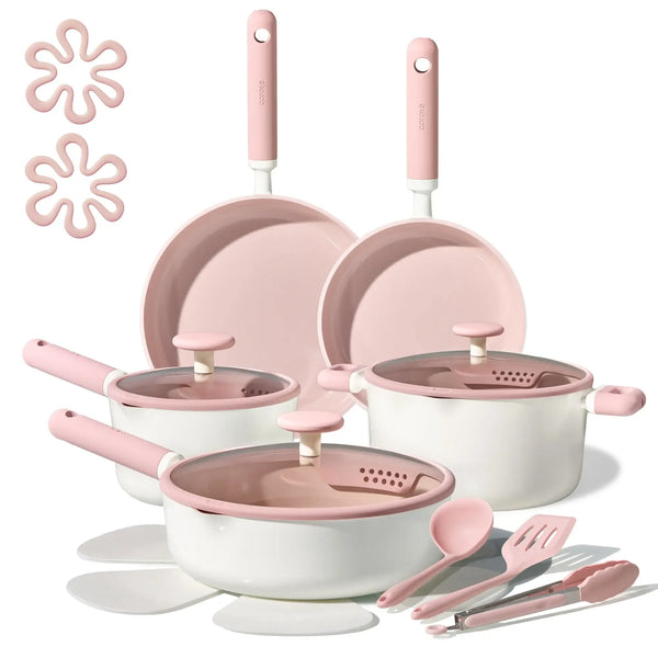 [Official] CAROTE 17pcs Macaron Pink/Green/Yellow/Blue Ceramic Cookware Set, Non Toxic Pure White/Pink Pots and Pans Set Nonstick, All Stovetops Compatible
