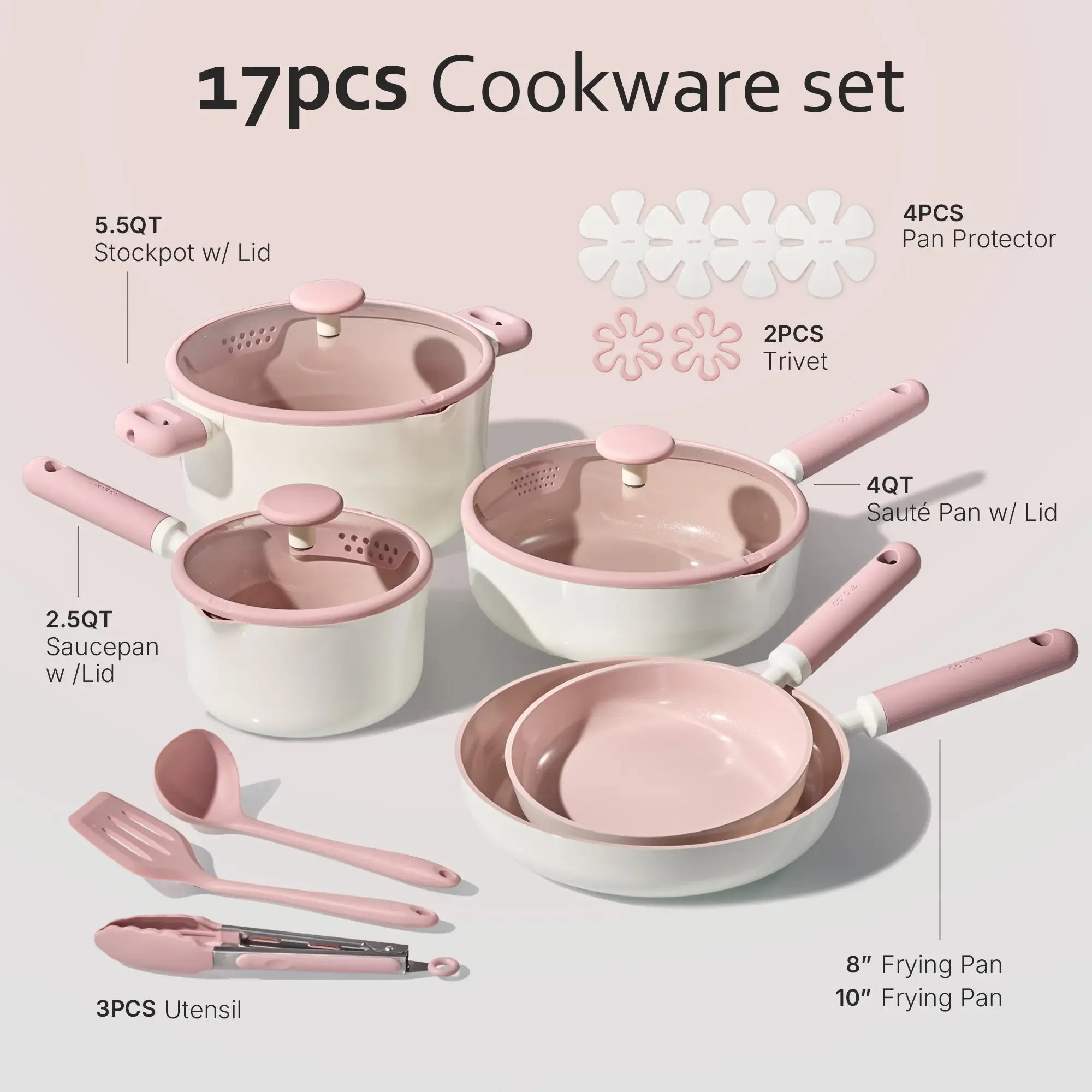 [Official] CAROTE 17pcs Macaron Pink/Green/Yellow/Blue Ceramic Cookware Set, Non Toxic Pure White/Pink Pots and Pans Set Nonstick, All Stovetops Compatible