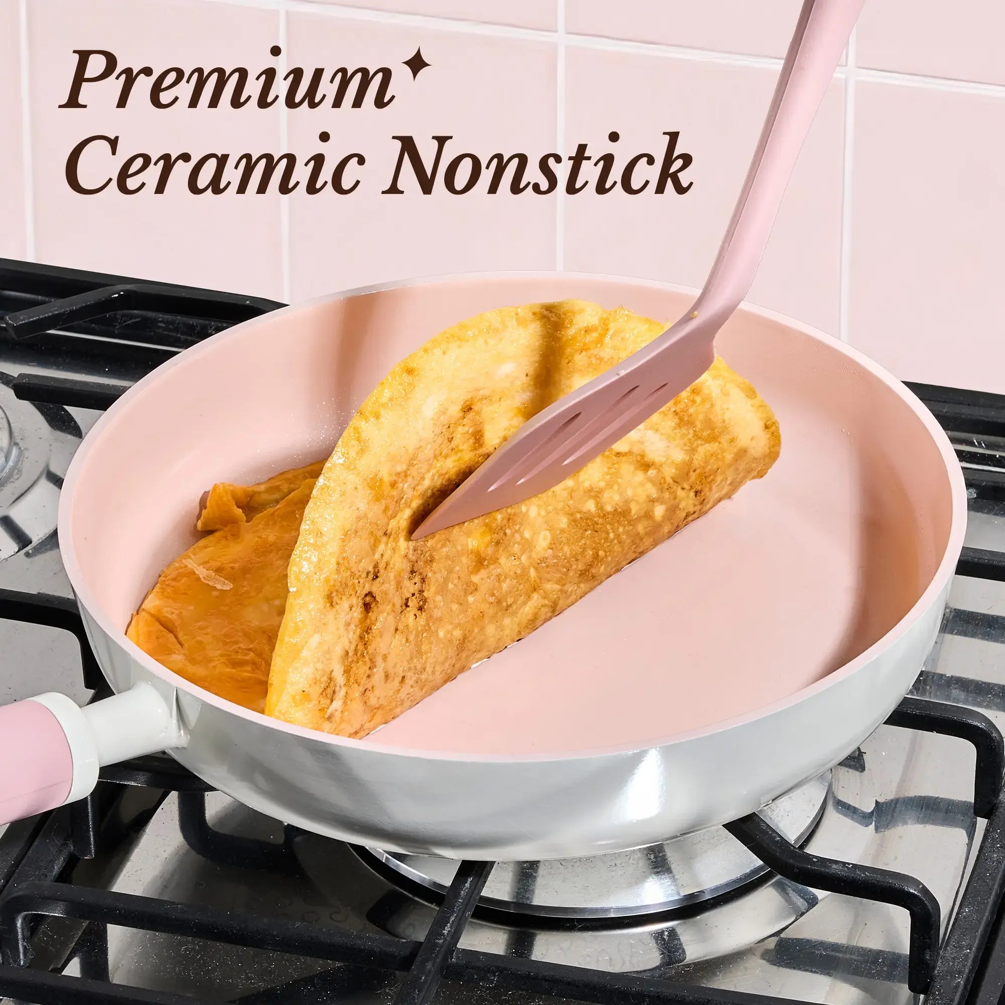 [Official] CAROTE 17pcs Macaron Pink/Green/Yellow/Blue Ceramic Cookware Set, Non Toxic Pure White/Pink Pots and Pans Set Nonstick, All Stovetops Compatible