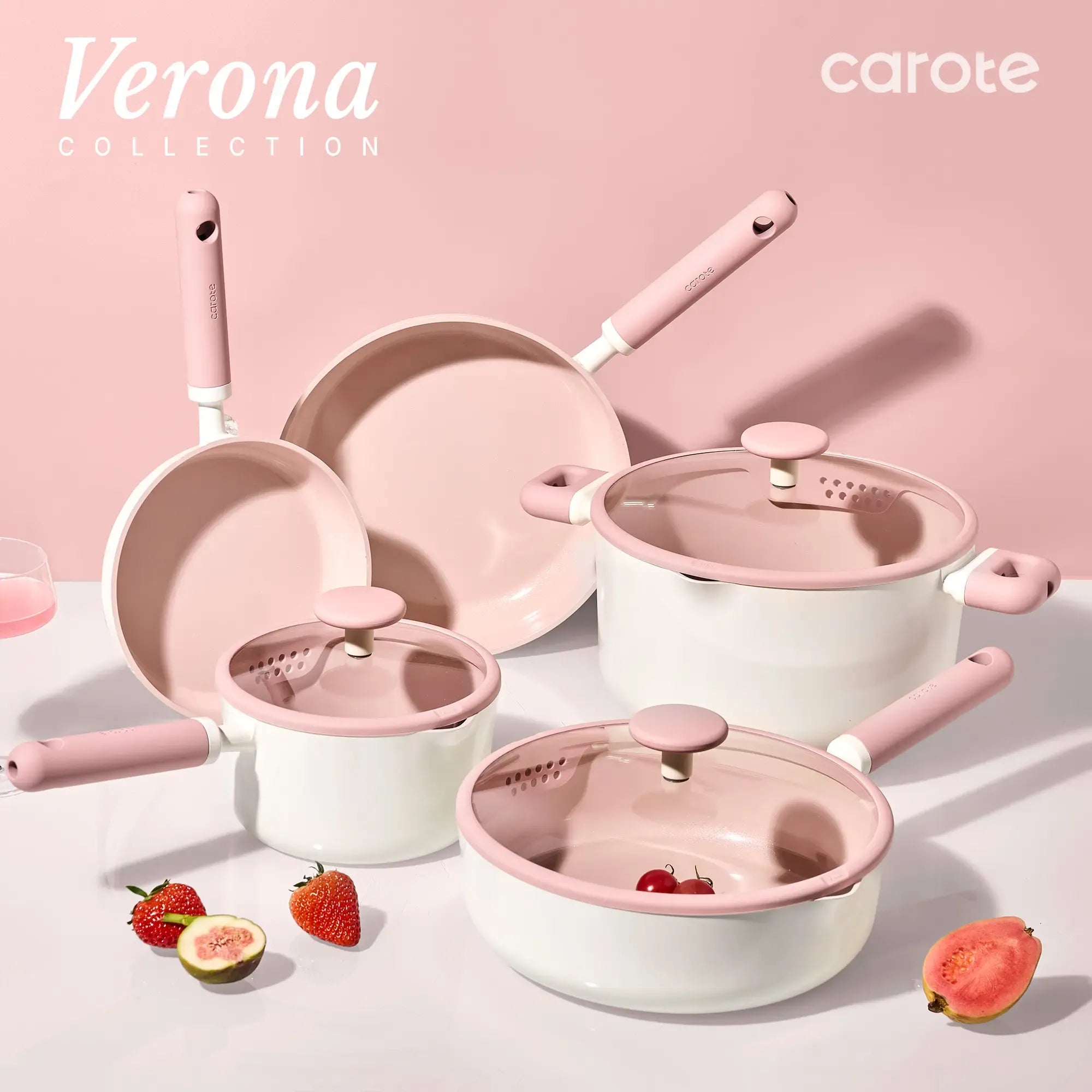 [Official] CAROTE 17pcs Macaron Pink/Green/Yellow/Blue Ceramic Cookware Set, Non Toxic Pure White/Pink Pots and Pans Set Nonstick, All Stovetops Compatible