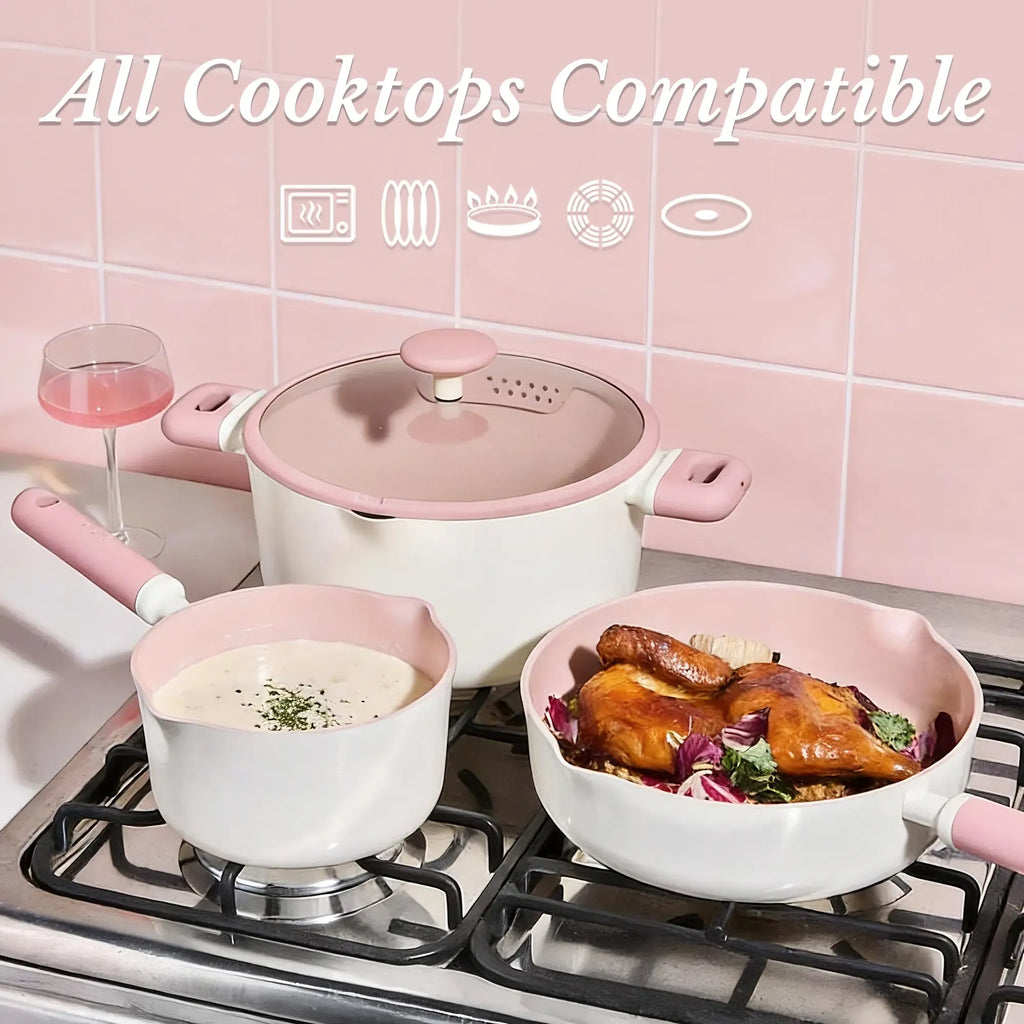 [Official] CAROTE 17pcs Macaron Pink/Green/Yellow/Blue Ceramic Cookware Set, Non Toxic Pure White/Pink Pots and Pans Set Nonstick, All Stovetops Compatible