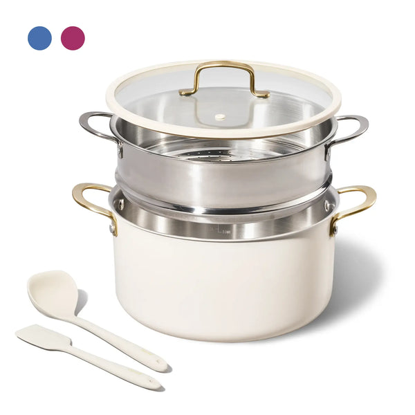 [Official] CAROTE 5pcs Stock Pot Set with 8QT Full Clad Tri Ply Stainless Steel Stock Pot and Lid, 5pcs Set includes Steamer, Ladle, Spatula