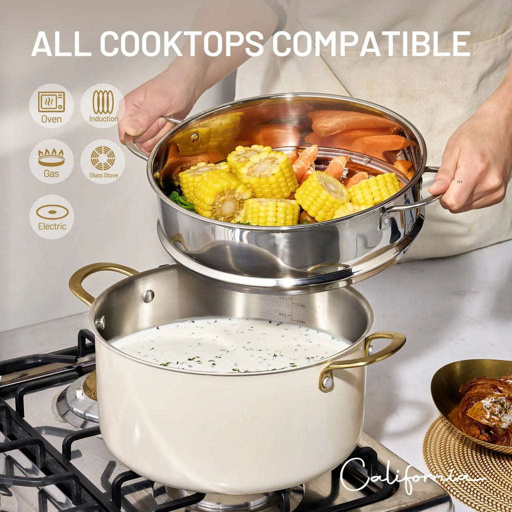[Official] CAROTE 5pcs Stock Pot Set with 8QT Full Clad Tri Ply Stainless Steel Stock Pot and Lid, 5pcs Set includes Steamer, Ladle, Spatula