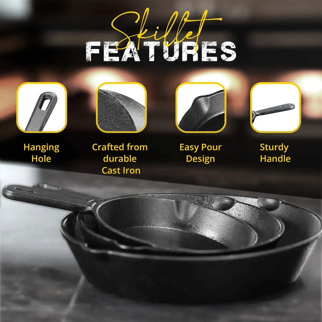 Utopia Kitchen 3-Piece Black Cast Iron Skillet Set - Pre-Seasoned Heavy Duty Pans (6",8",10") - Oven-Safe Kitchen Supplies Bundle Cookware Sets - Stove, Grill Safe Cast Iron Pots