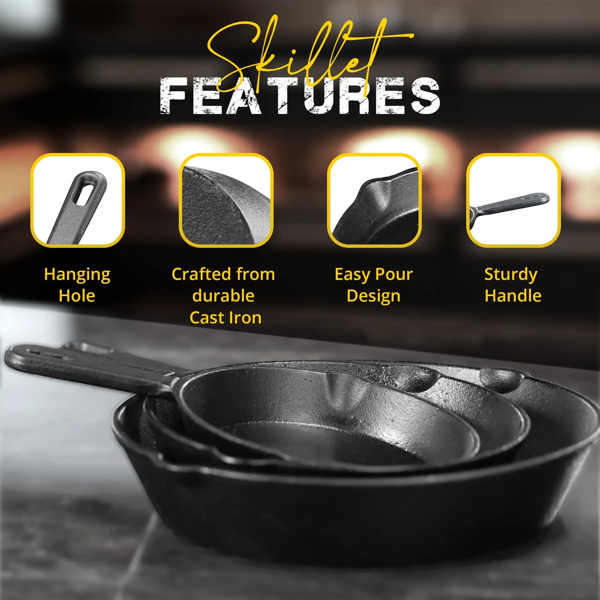 Utopia Kitchen 3-Piece Black Cast Iron Skillet Set - Pre-Seasoned Heavy Duty Pans (6",8",10") - Oven-Safe Kitchen Supplies Bundle Cookware Sets - Stove, Grill Safe Cast Iron Pots