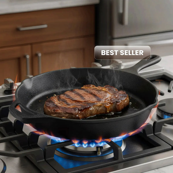 Pre-Seasoned 12-in Cast Iron Frying Pan - Heavy Duty Cookware, Multipurpose Indoor Kitchen Supplies Skillet