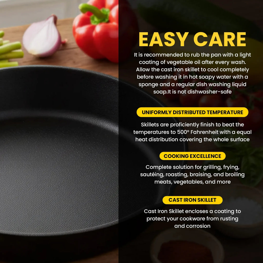 Pre-Seasoned 12-in Cast Iron Frying Pan - Heavy Duty Cookware, Multipurpose Indoor Kitchen Supplies Skillet