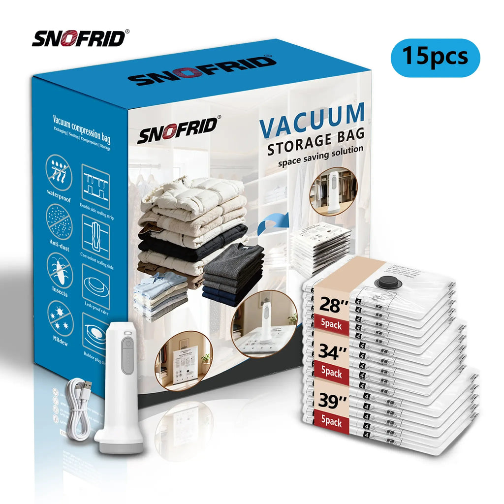 Snofrid Cordless Travel Vacuum Storage Compression Bag Set – 15-Pack in 3 Sizes – USB Rechargeable Handheld Pump with Built-In Battery – Waterproof & Reusable Space Saver for Clothes & Packing, Perfect for Carry-On Suitcases