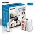 Snofrid Cordless Travel Vacuum Storage Compression Bag Set – 15-Pack in 3 Sizes – USB Rechargeable Handheld Pump with Built-In Battery – Waterproof & Reusable Space Saver for Clothes & Packing, Perfect for Carry-On Suitcases