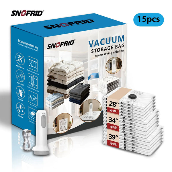Snofrid Cordless Travel Vacuum Storage Compression Bag Set – 15-Pack in 3 Sizes – USB Rechargeable Handheld Pump with Built-In Battery – Waterproof & Reusable Space Saver for Clothes & Packing, Perfect for Carry-On Suitcases