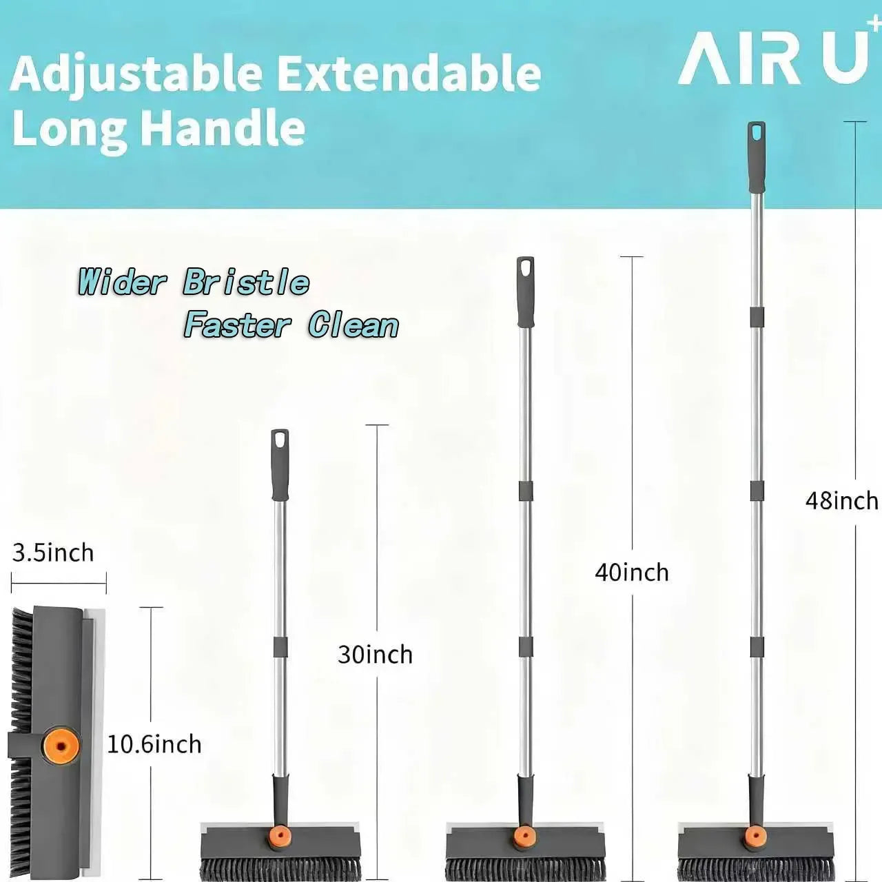 AIR U 3-in-1 Floor Scrub Bathtub Brush with Long Handle, Double-Sided, Heavy-Duty Stiff Bristles & Squeegee – Scrape & Scrub for Shower, Bathroom, Patio, Garage, Kitchen, Wall & Deck – Home Cleaning Essentials