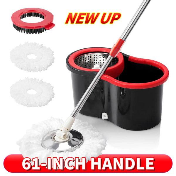 Spin Mop And Bucket Set with Wringer, 360° Rotating Mop Bucket System, Includes 3 Microfiber Mop Refill Heads And A 61-Inch Adjustable Stainless Steel Handle, Ideal for Bathroom Use, Efficient Floor Cleaning, Home Cleaning
