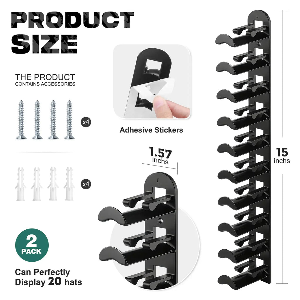 Hat Hook for Wall 2 Pack Hat Organizer Holds Up to 20 Hats with Strong Adhesive and 8 Screws Cap Holder for Closet Door and Bedroom B-Black - Decor Key Hook Wall Mounted Shelf