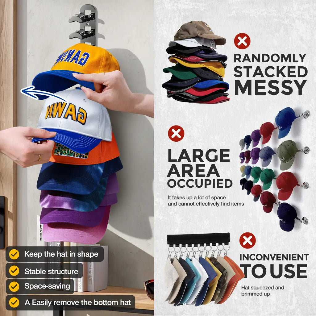 Hat Hook for Wall 2 Pack Hat Organizer Holds Up to 20 Hats with Strong Adhesive and 8 Screws Cap Holder for Closet Door and Bedroom B-Black - Decor Key Hook Wall Mounted Shelf