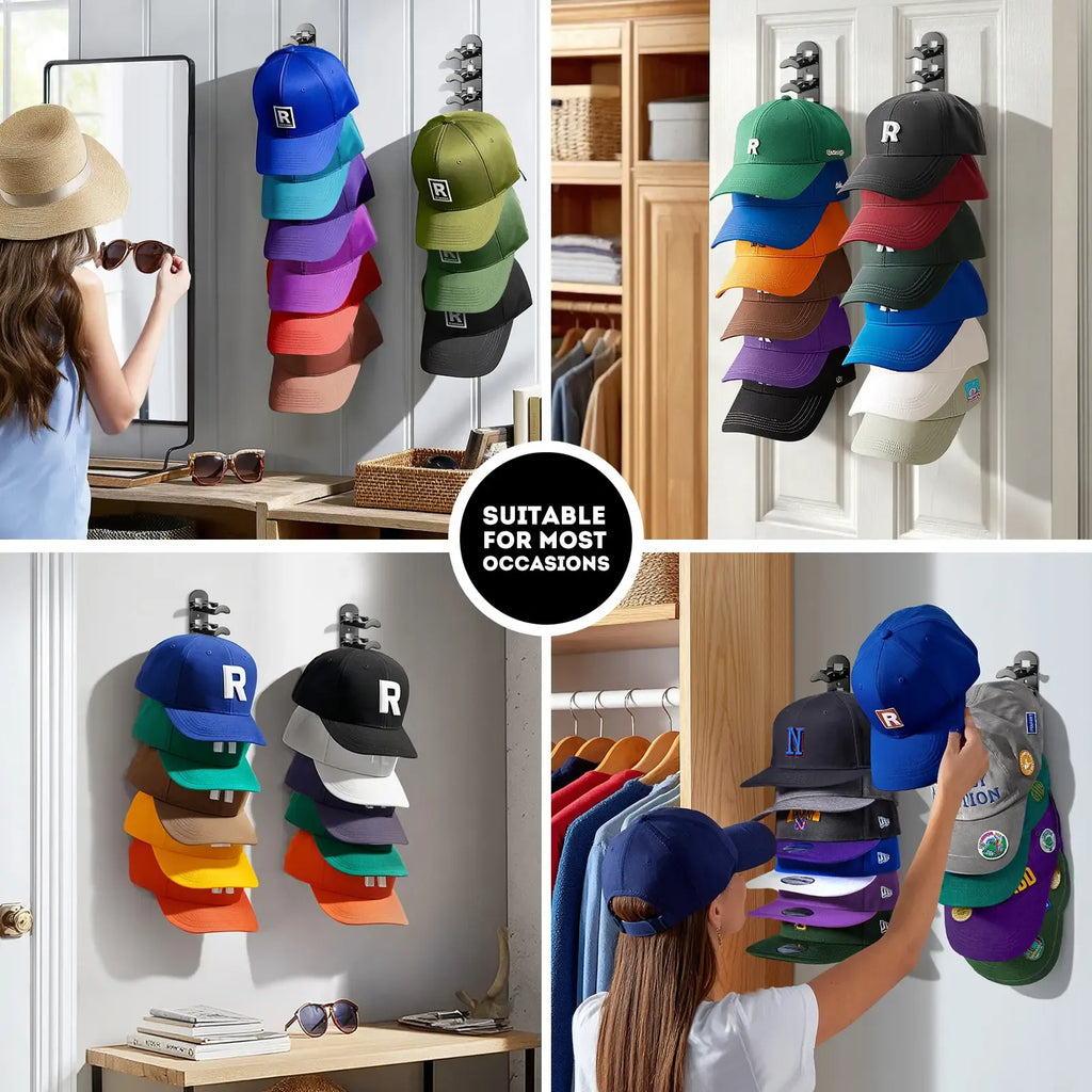 Hat Hook for Wall 2 Pack Hat Organizer Holds Up to 20 Hats with Strong Adhesive and 8 Screws Cap Holder for Closet Door and Bedroom B-Black - Decor Key Hook Wall Mounted Shelf