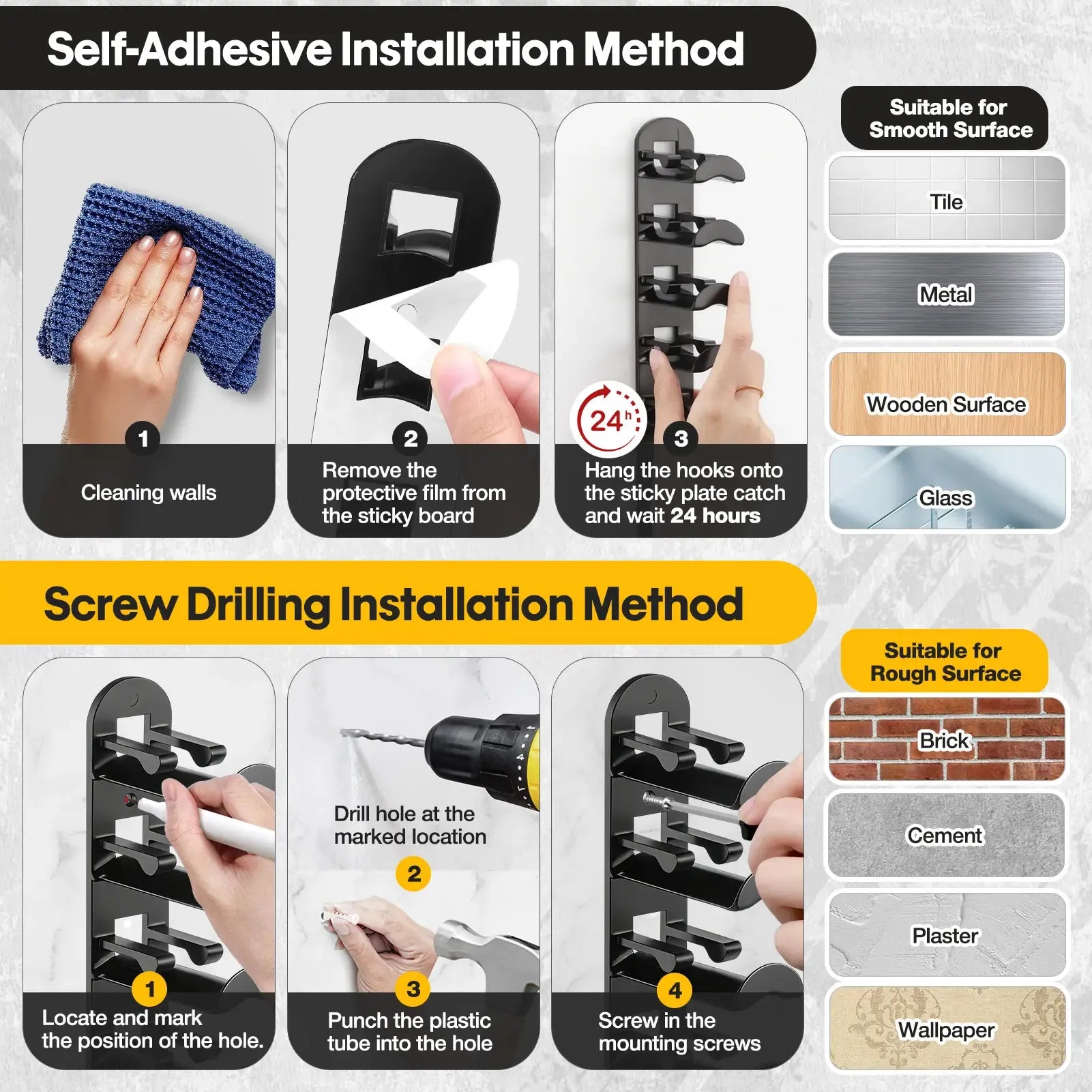 Hat Hook for Wall 2 Pack Hat Organizer Holds Up to 20 Hats with Strong Adhesive and 8 Screws Cap Holder for Closet Door and Bedroom B-Black - Decor Key Hook Wall Mounted Shelf