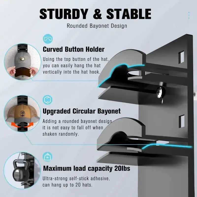 【SummerVibes】2 Hat Organizer Wall Mounted Baseball Cap Rack Black or White Adhesive Mount Holds 18 Hats for Closet Door Bedroom Easy Access Display Installation