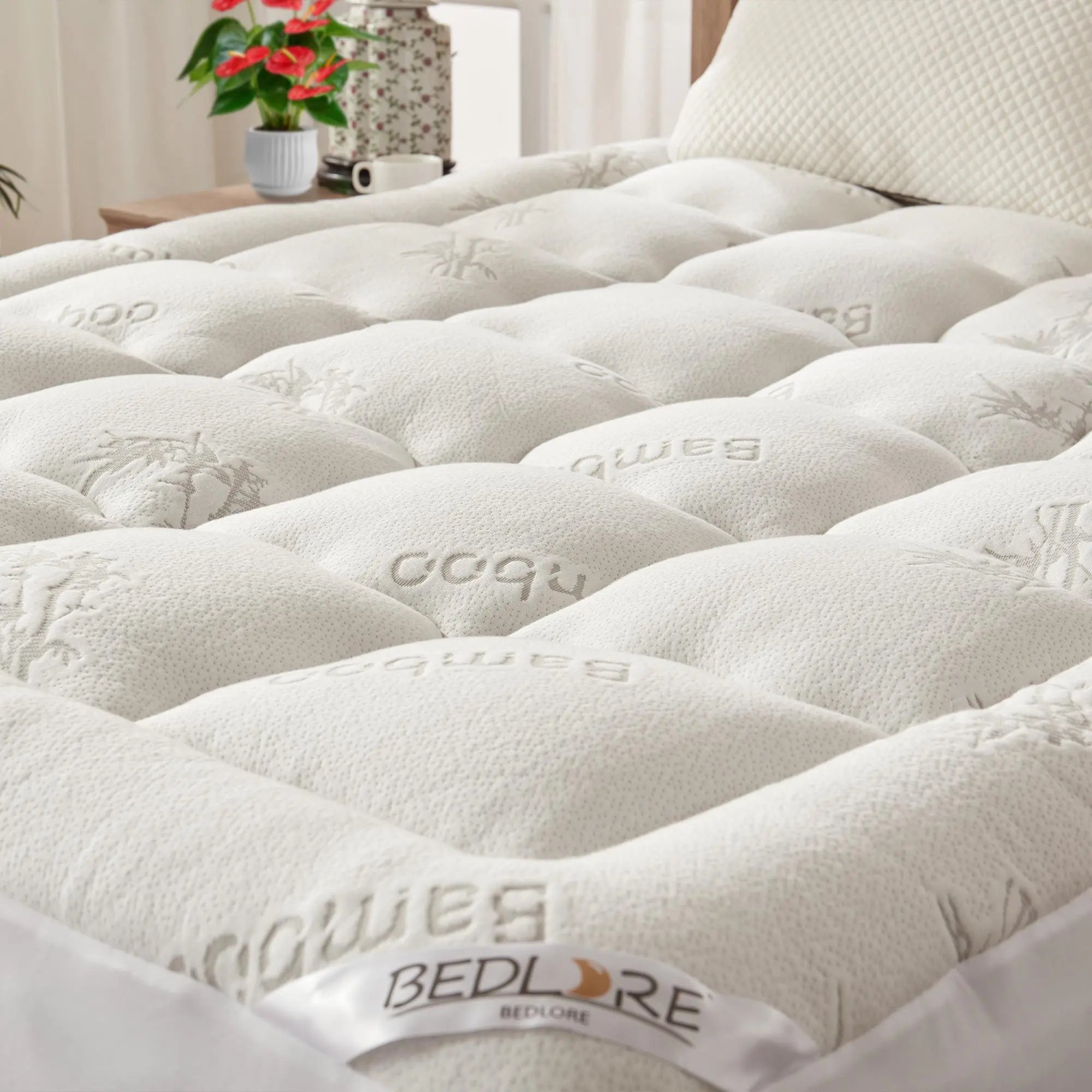 【SummerWins】BEDLORE Bamboo Mattress Topper, Thicken Pillow Top Pad for Comfy Mattresses, Cooling Mattress Cover with 6-18" Deep Pocket, Pressure Relief Bedding Protector for Home & Hotel